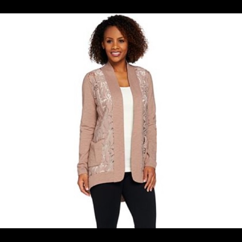 LOGO Open Front Slub Cardigan with Lace Detail S